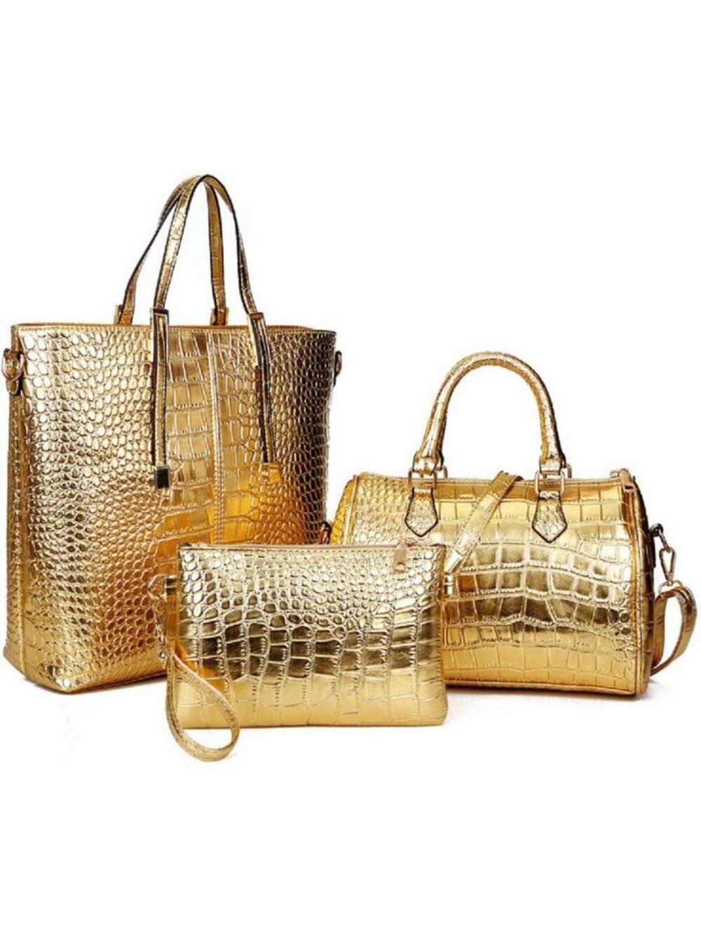 Stylish 3-PC Women's Crocodile Pattern Handbag Set - Tote, Shoulder Bag & Clutch
